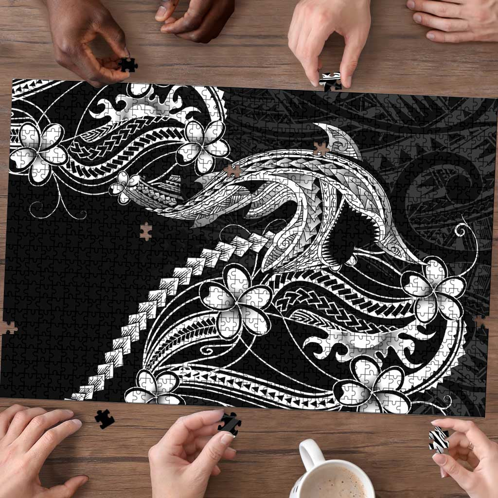 Black Aloha Hawaii Puzzle Polynesian Shark Tattoo With Plumeria - Polynesian Pride