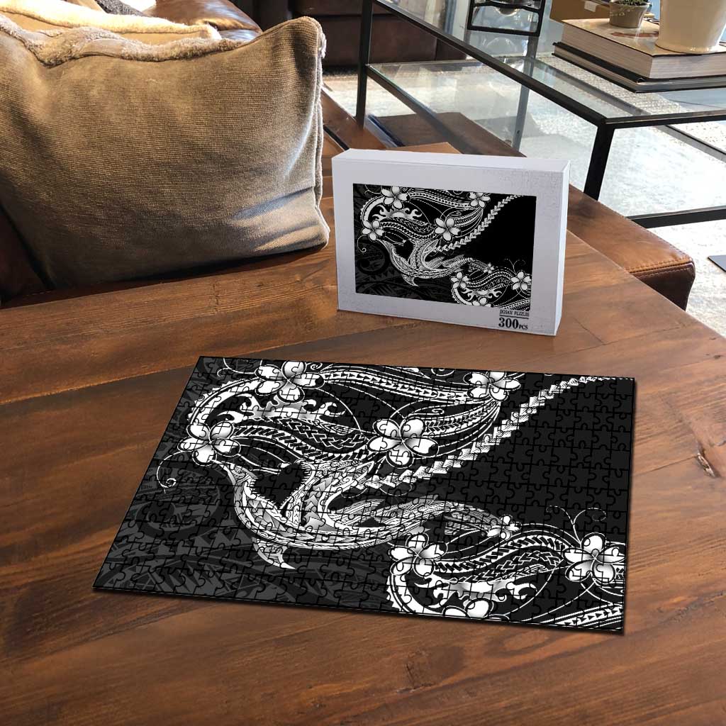 Black Aloha Hawaii Puzzle Polynesian Shark Tattoo With Plumeria - Polynesian Pride