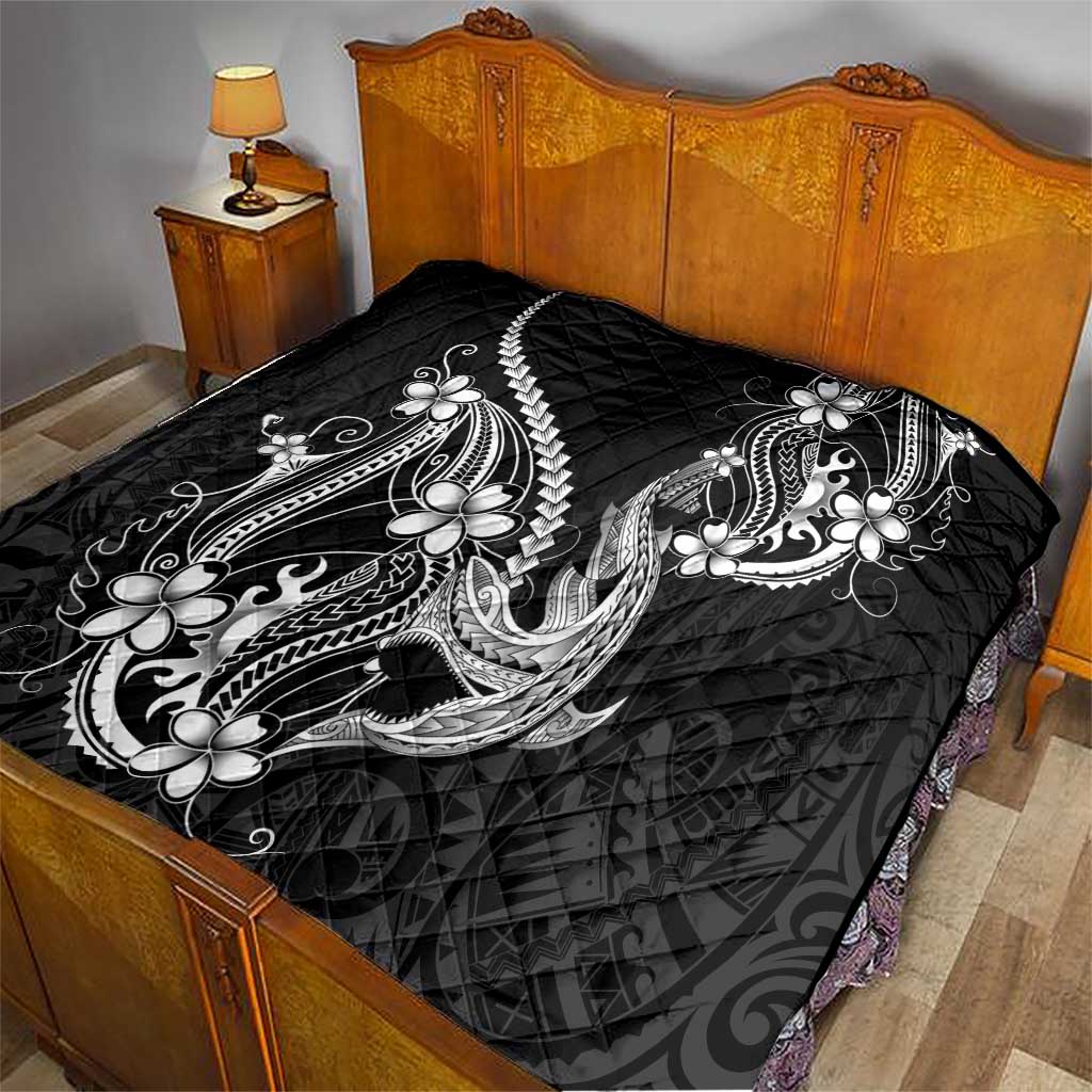 Black Aloha Hawaii Quilt Polynesian Shark Tattoo With Plumeria - Polynesian Pride