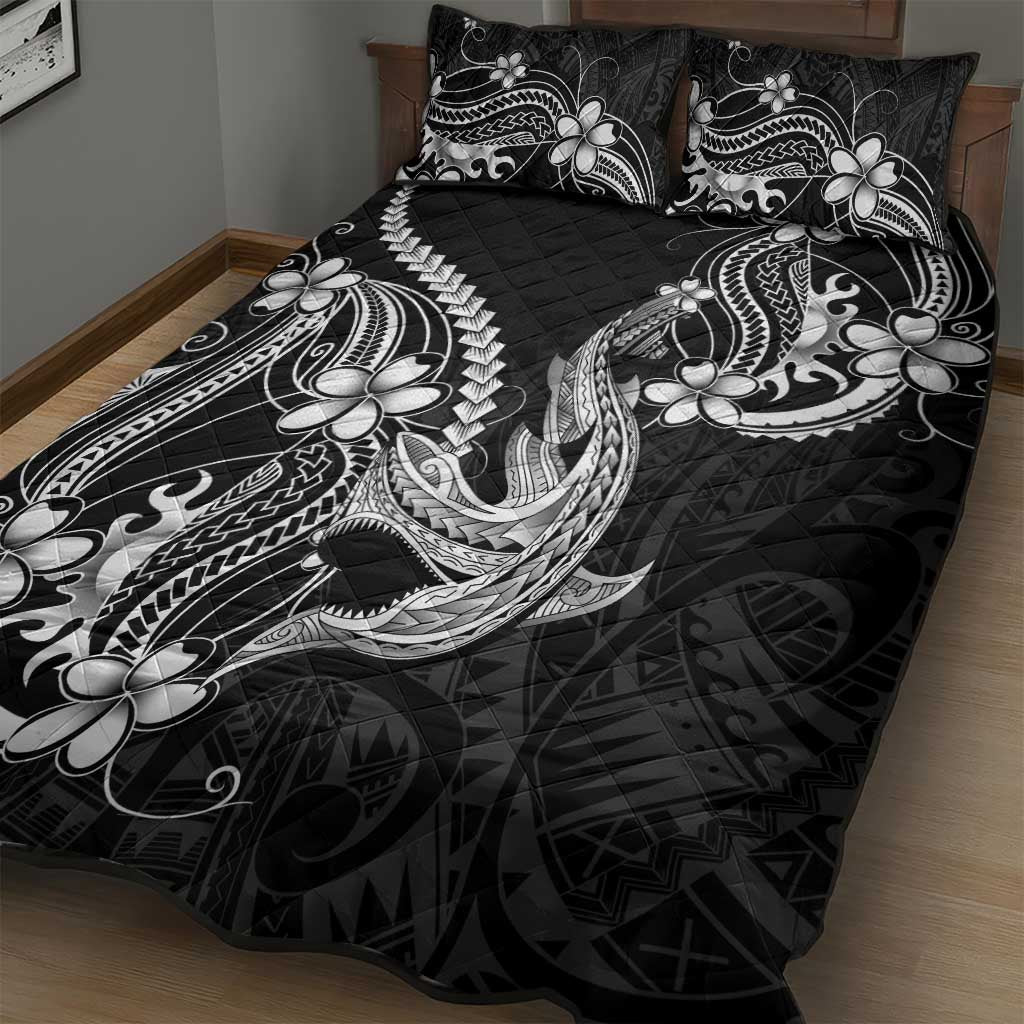 Black Aloha Hawaii Quilt Bed Set Polynesian Shark Tattoo With Plumeria - Polynesian Pride