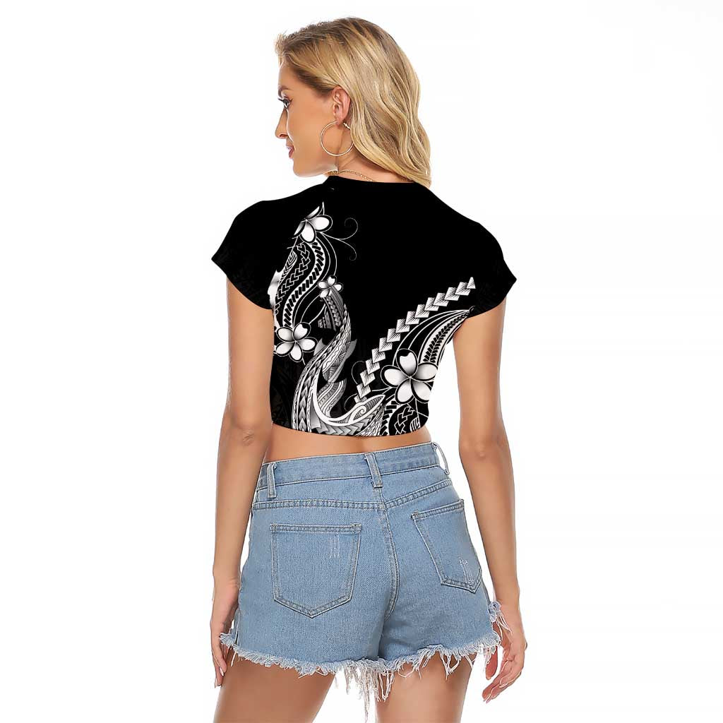 Black Aloha Hawaii Raglan Cropped T Shirt Polynesian Shark Tattoo With Plumeria - Polynesian Pride