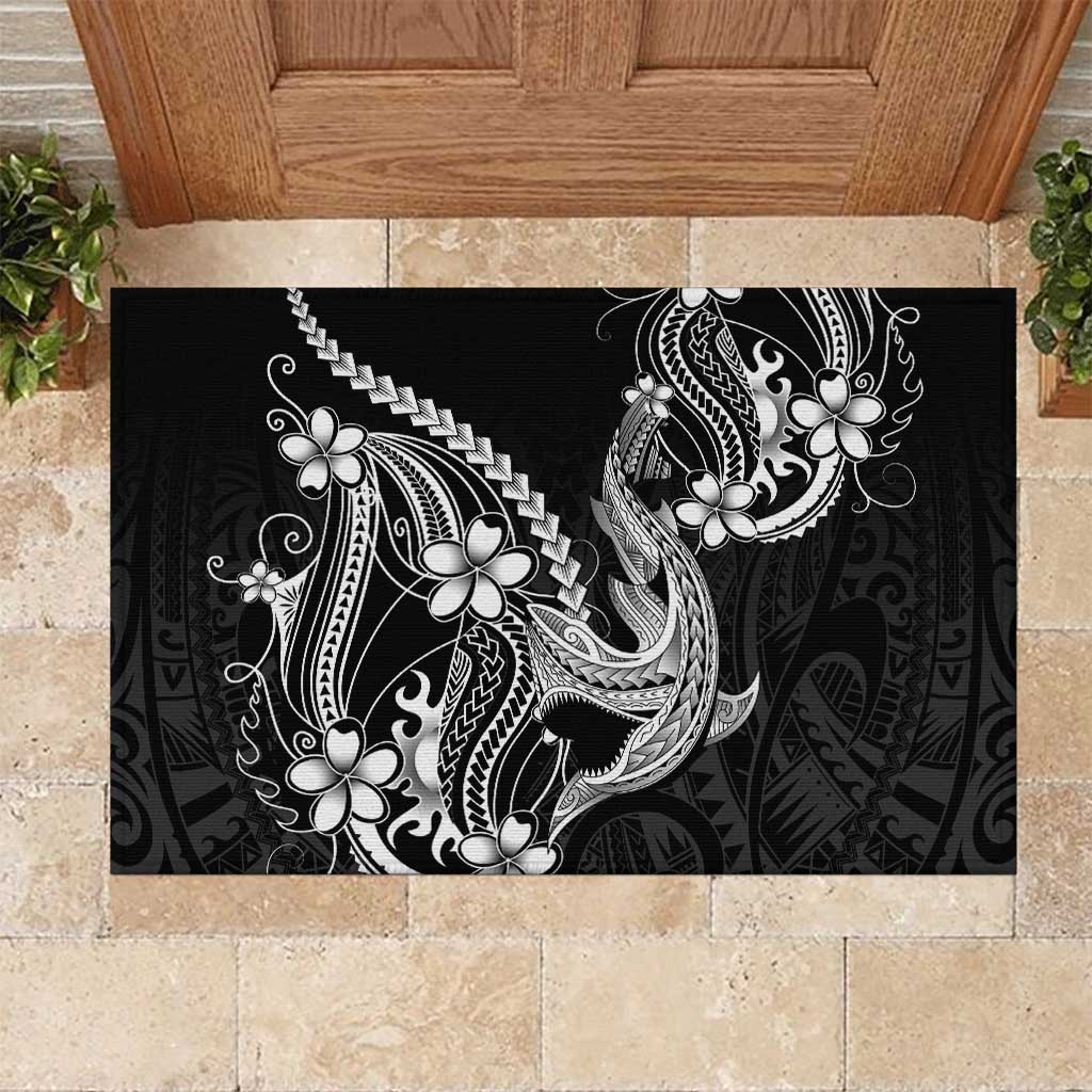 Black Aloha Hawaii Rubber Doormat Polynesian Shark Tattoo With Plumeria - Polynesian Pride