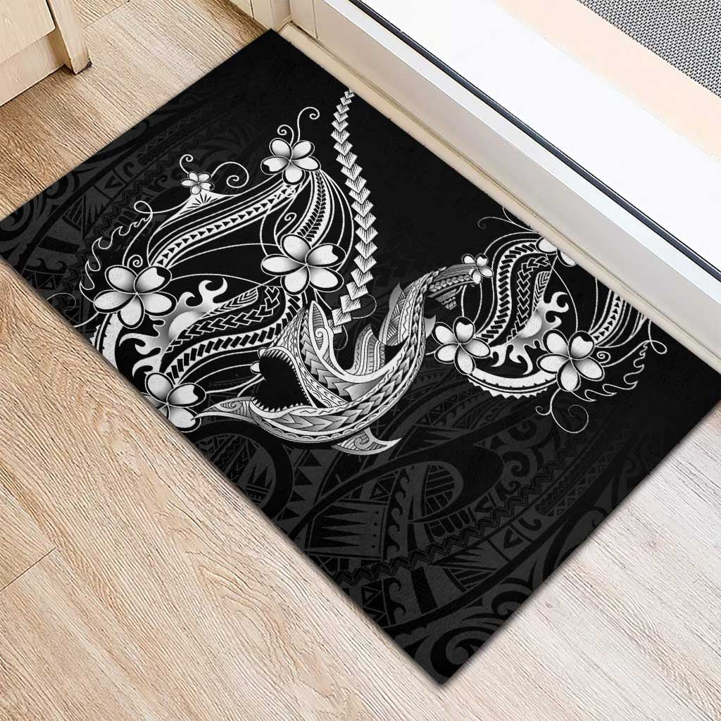 Black Aloha Hawaii Rubber Doormat Polynesian Shark Tattoo With Plumeria - Polynesian Pride