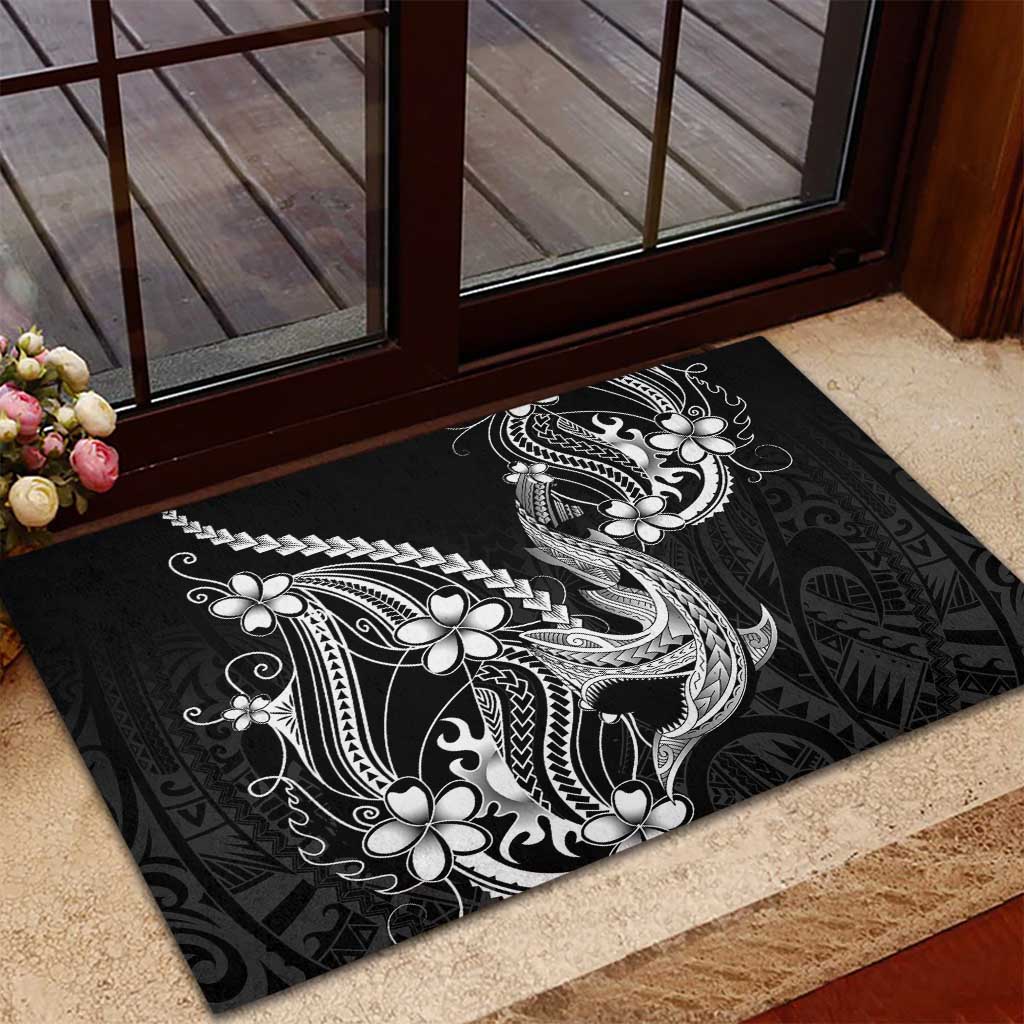Black Aloha Hawaii Rubber Doormat Polynesian Shark Tattoo With Plumeria - Polynesian Pride