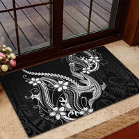 Black Aloha Hawaii Rubber Doormat Polynesian Shark Tattoo With Plumeria - Polynesian Pride