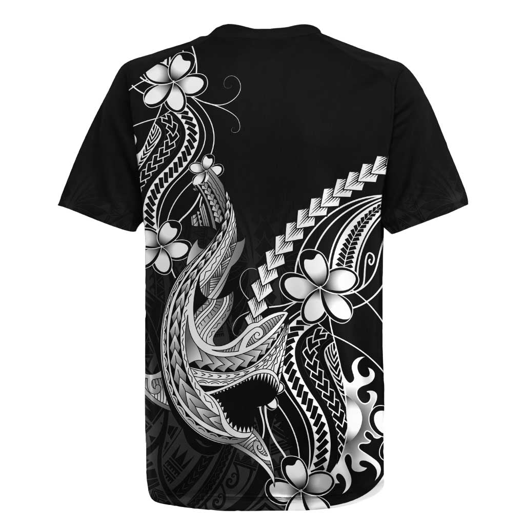 Black Aloha Hawaii Rugby Jersey Polynesian Shark Tattoo With Plumeria - Polynesian Pride