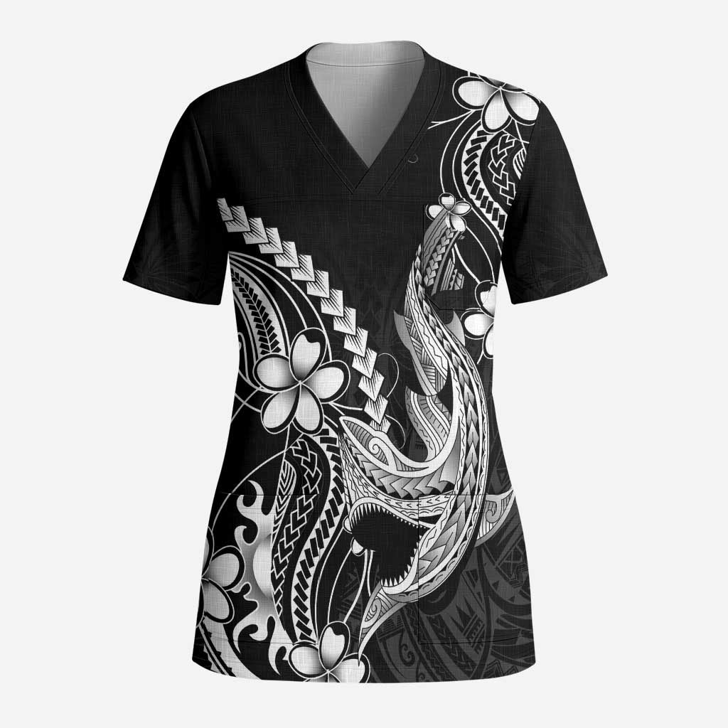 Black Aloha Hawaii Scrub Top Polynesian Shark Tattoo With Plumeria - Polynesian Pride