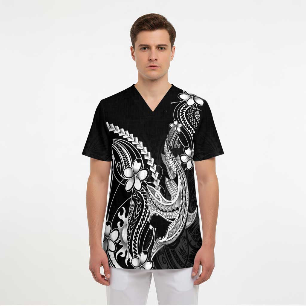 Black Aloha Hawaii Scrub Top Polynesian Shark Tattoo With Plumeria - Polynesian Pride