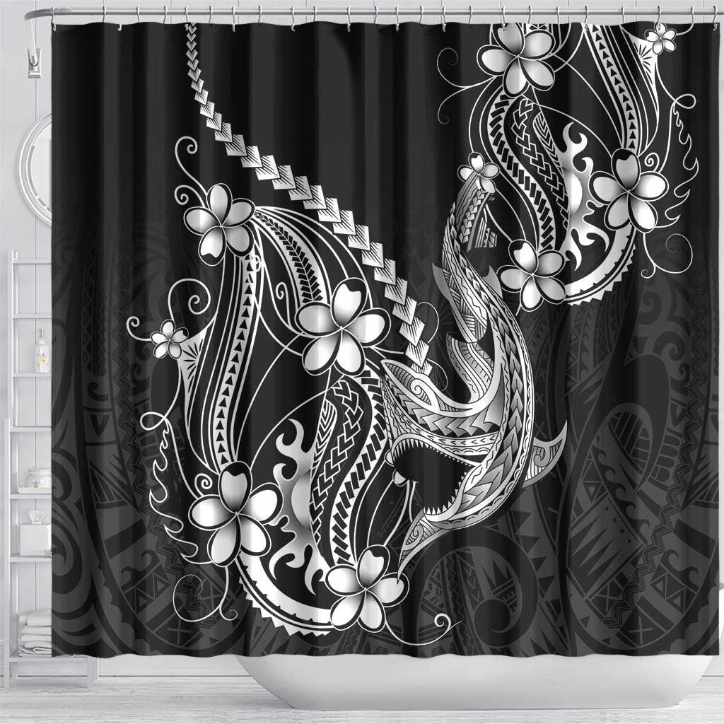 Black Aloha Hawaii Shower Curtain Polynesian Shark Tattoo With Plumeria - Polynesian Pride