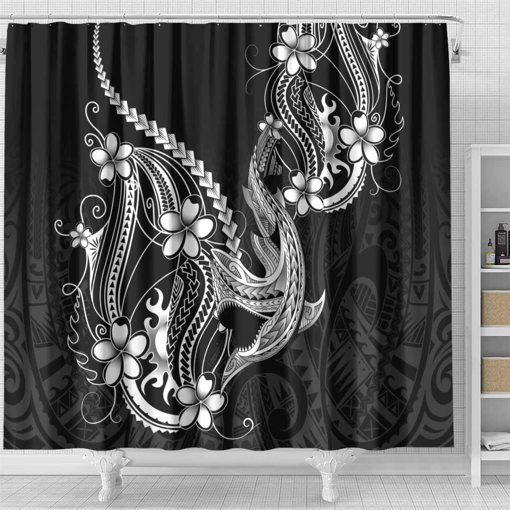 Black Aloha Hawaii Shower Curtain Polynesian Shark Tattoo With Plumeria - Polynesian Pride