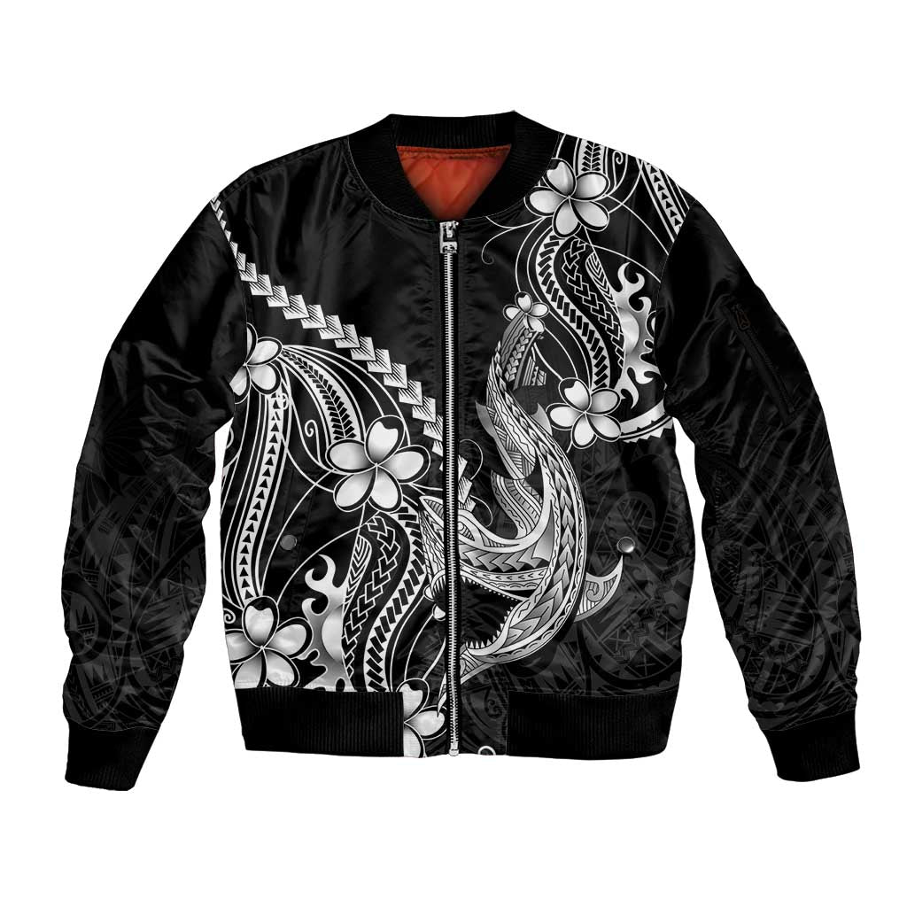 Black Aloha Hawaii Sleeve Zip Bomber Jacket Polynesian Shark Tattoo With Plumeria - Polynesian Pride