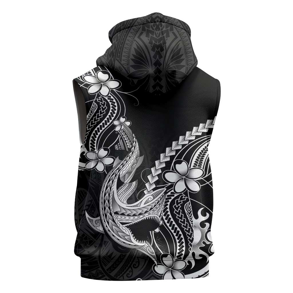 Black Aloha Hawaii Sleeveless Hoodie Polynesian Shark Tattoo With Plumeria - Polynesian Pride