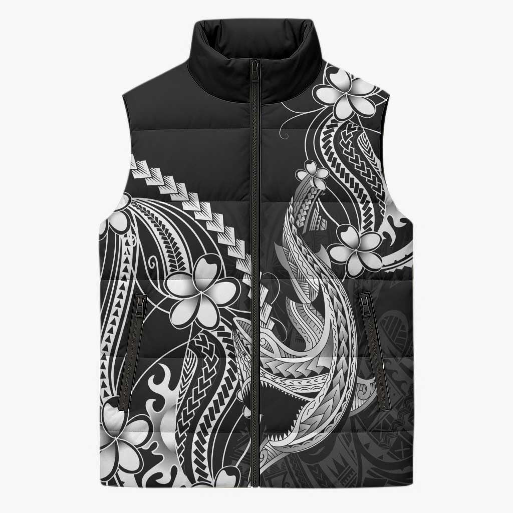 Black Aloha Hawaii Sleeveless Puffer Jacket Polynesian Shark Tattoo With Plumeria - Polynesian Pride