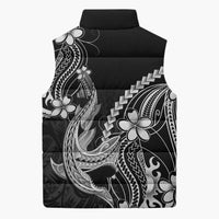 Black Aloha Hawaii Sleeveless Puffer Jacket Polynesian Shark Tattoo With Plumeria - Polynesian Pride