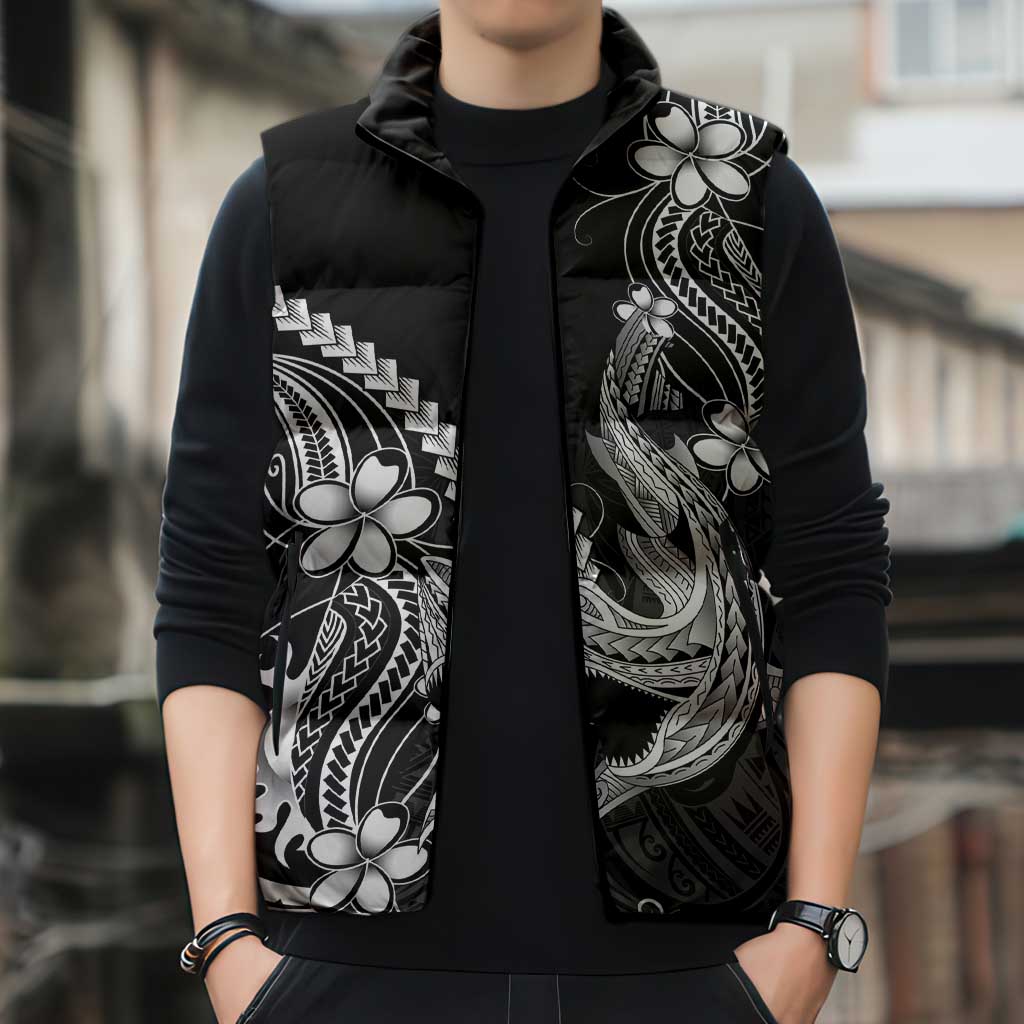 Black Aloha Hawaii Sleeveless Puffer Jacket Polynesian Shark Tattoo With Plumeria - Polynesian Pride