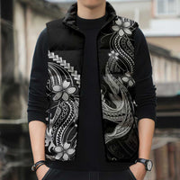 Black Aloha Hawaii Sleeveless Puffer Jacket Polynesian Shark Tattoo With Plumeria - Polynesian Pride