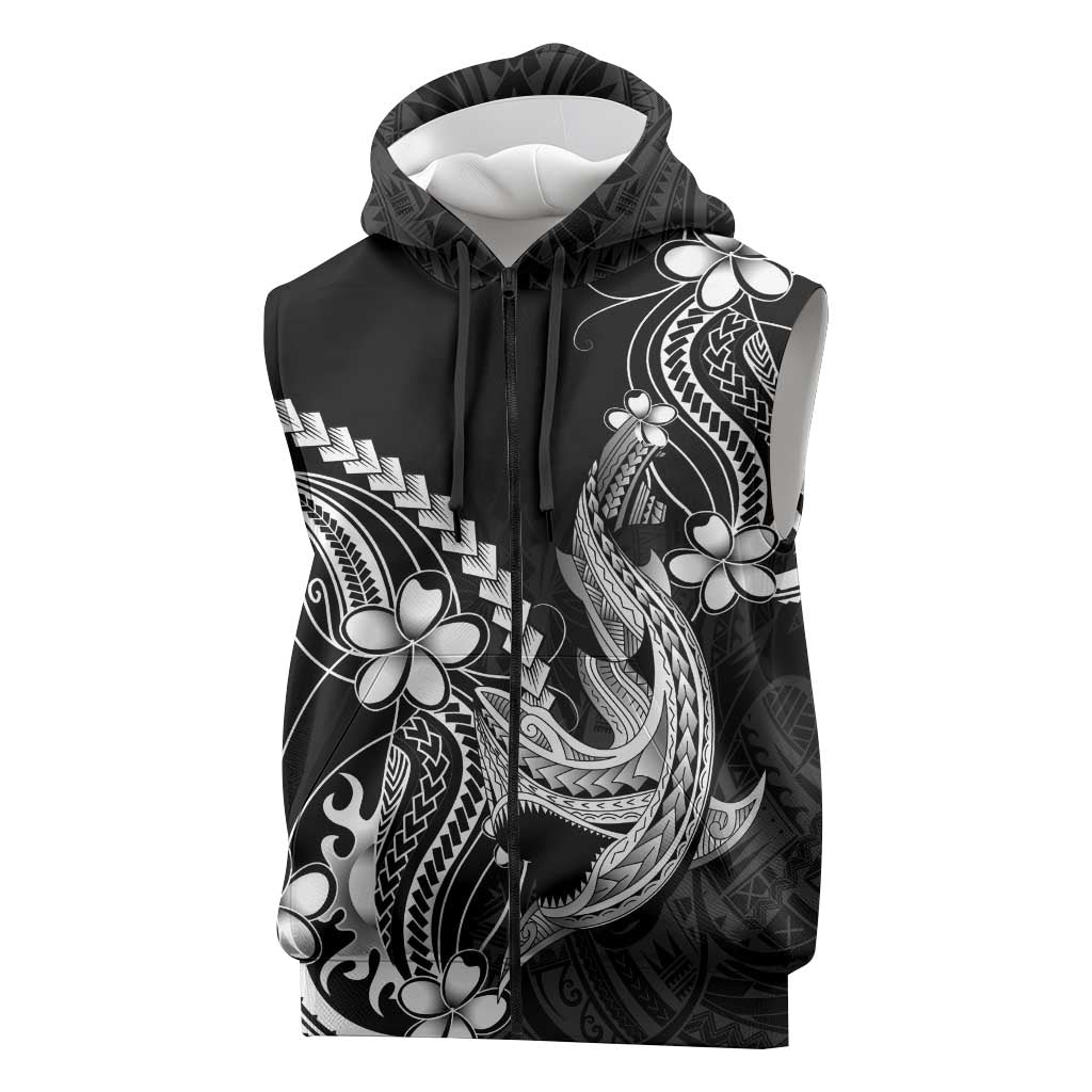 Black Aloha Hawaii Sleeveless Zip Hoodie Polynesian Shark Tattoo With Plumeria - Polynesian Pride