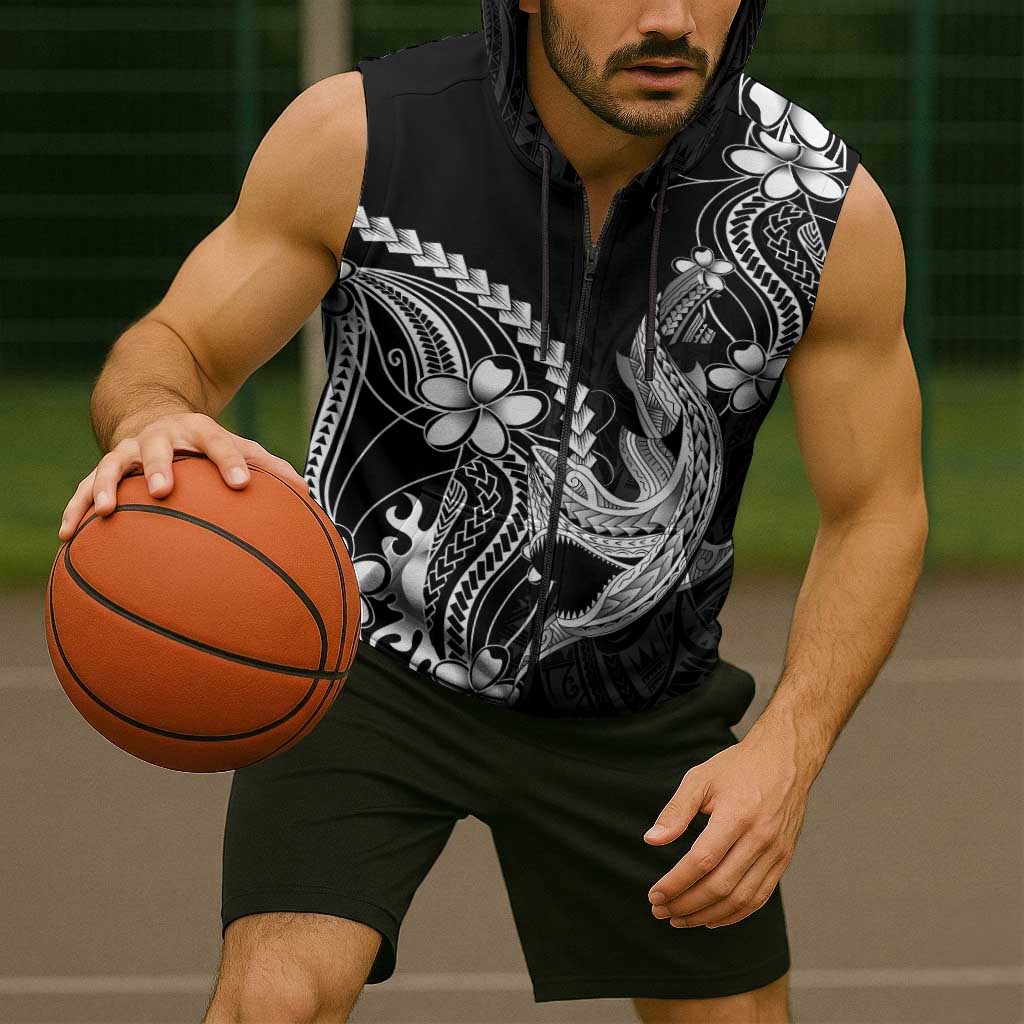 Black Aloha Hawaii Sleeveless Zip Hoodie Polynesian Shark Tattoo With Plumeria - Polynesian Pride