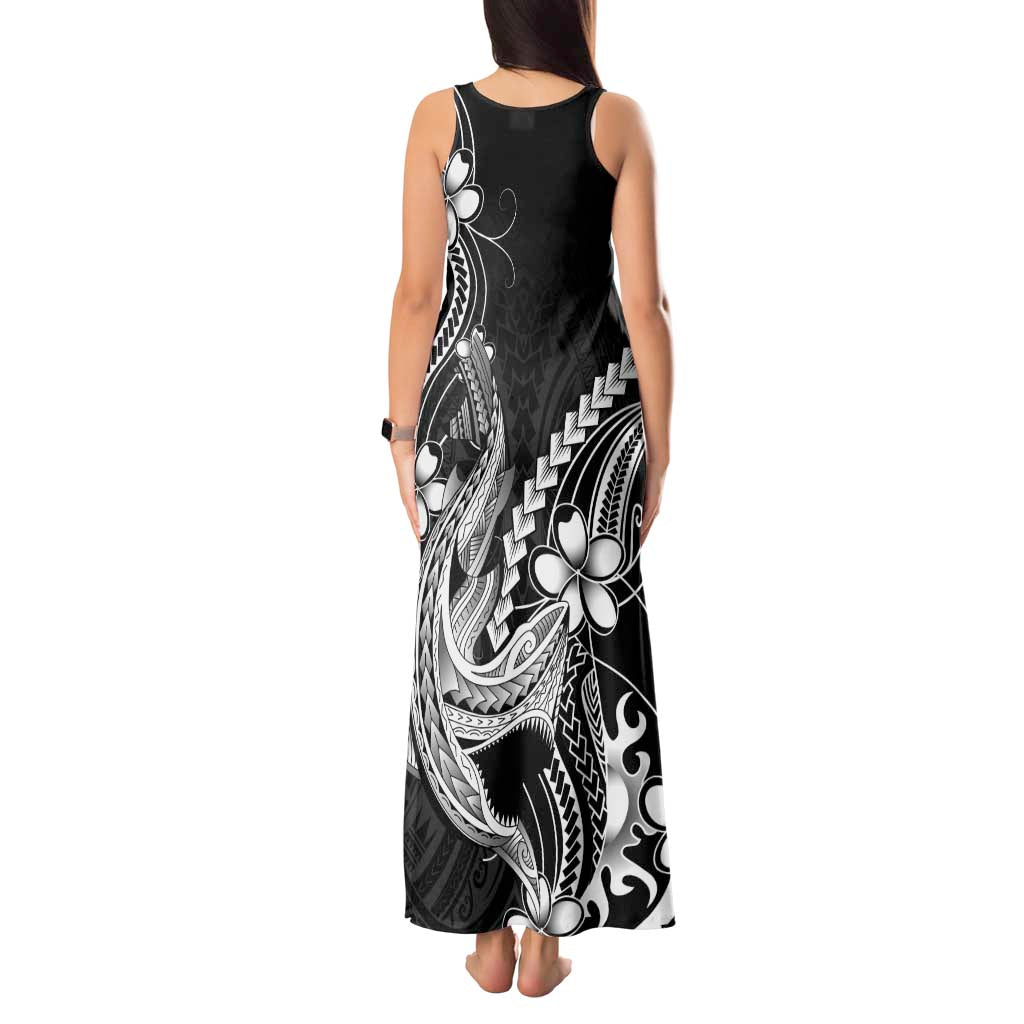 Black Aloha Hawaii Tank Maxi Dress Polynesian Shark Tattoo With Plumeria - Polynesian Pride