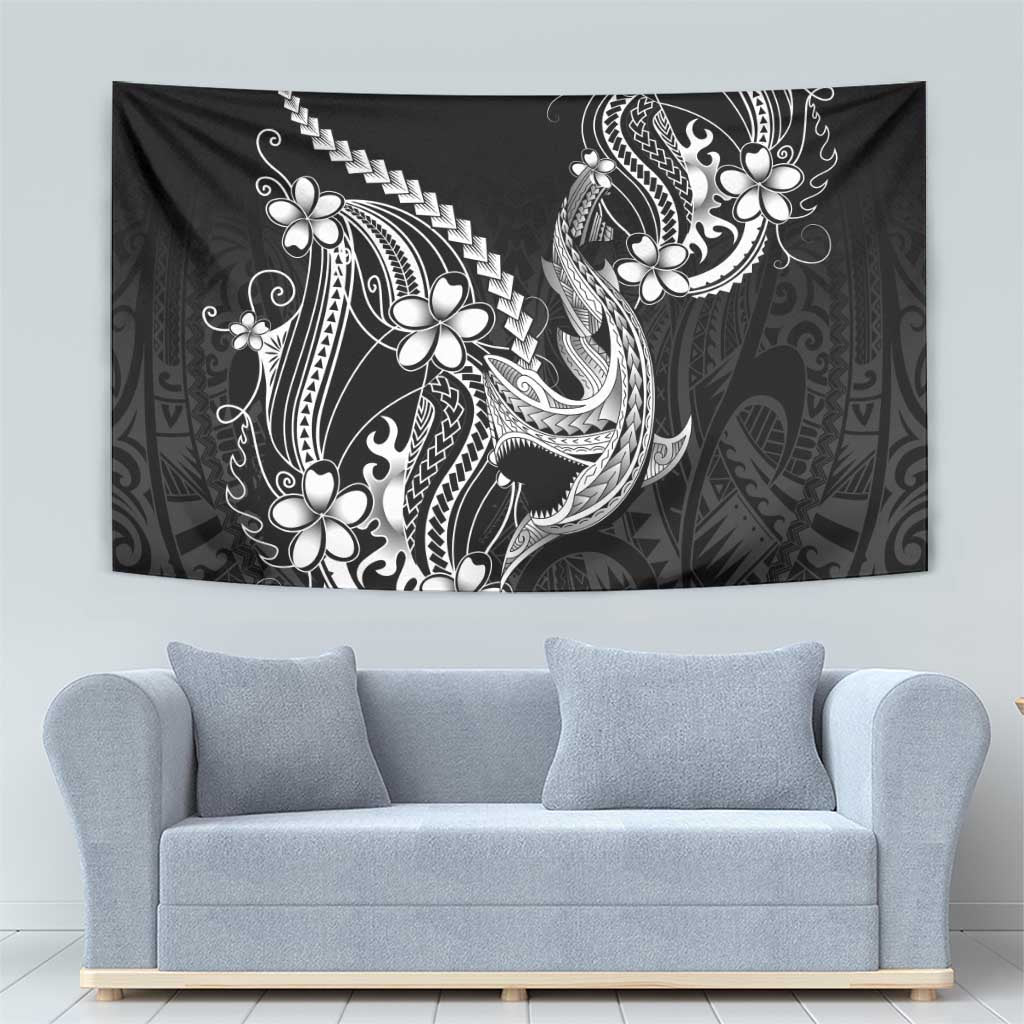 Black Aloha Hawaii Tapestry Polynesian Shark Tattoo With Plumeria - Polynesian Pride