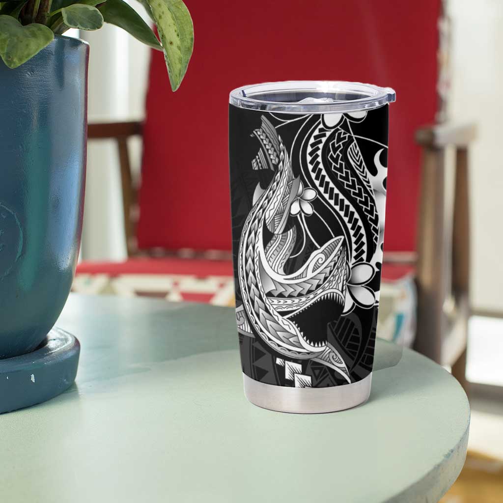 Black Aloha Hawaii Tumbler Cup Polynesian Shark Tattoo With Plumeria - Polynesian Pride