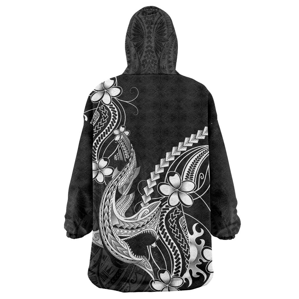 Black Aloha Hawaii Wearable Blanket Hoodie Polynesian Shark Tattoo With Plumeria - Polynesian Pride