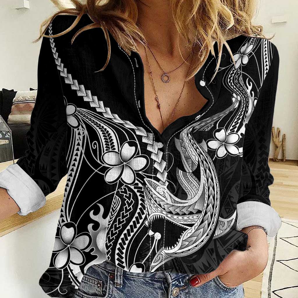 Black Aloha Hawaii Women Casual Shirt Polynesian Shark Tattoo With Plumeria - Polynesian Pride