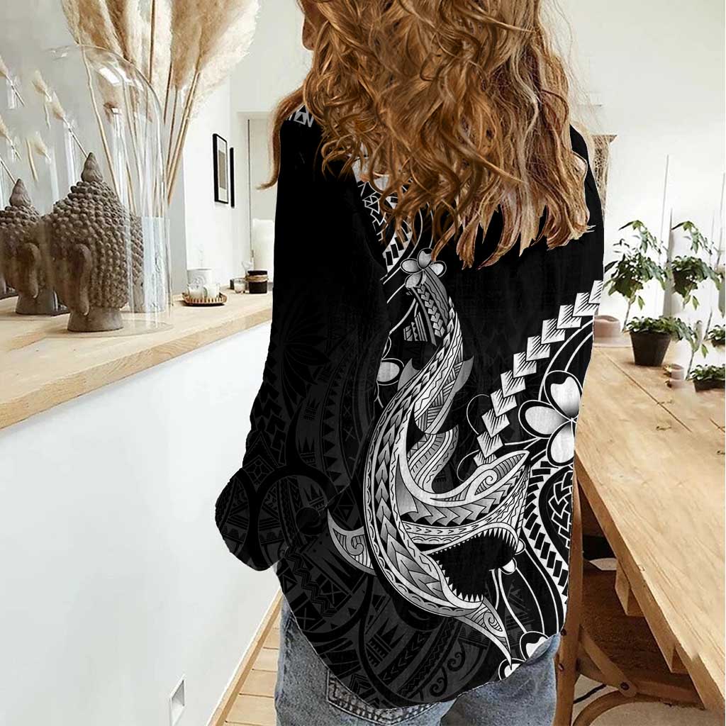 Black Aloha Hawaii Women Casual Shirt Polynesian Shark Tattoo With Plumeria - Polynesian Pride
