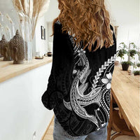 Black Aloha Hawaii Women Casual Shirt Polynesian Shark Tattoo With Plumeria - Polynesian Pride