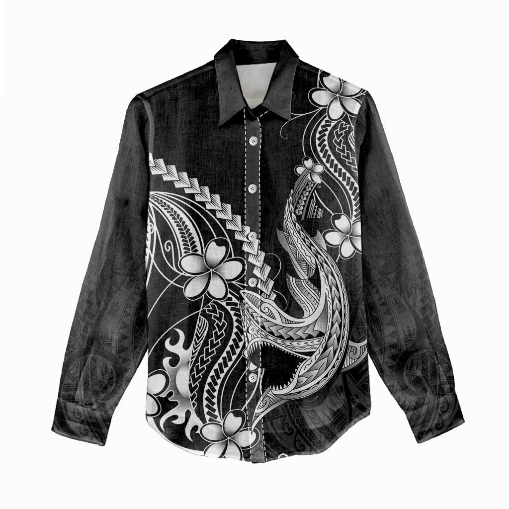 Black Aloha Hawaii Women Casual Shirt Polynesian Shark Tattoo With Plumeria - Polynesian Pride