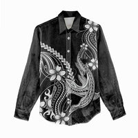 Black Aloha Hawaii Women Casual Shirt Polynesian Shark Tattoo With Plumeria - Polynesian Pride