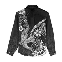 Black Aloha Hawaii Women Casual Shirt Polynesian Shark Tattoo With Plumeria - Polynesian Pride