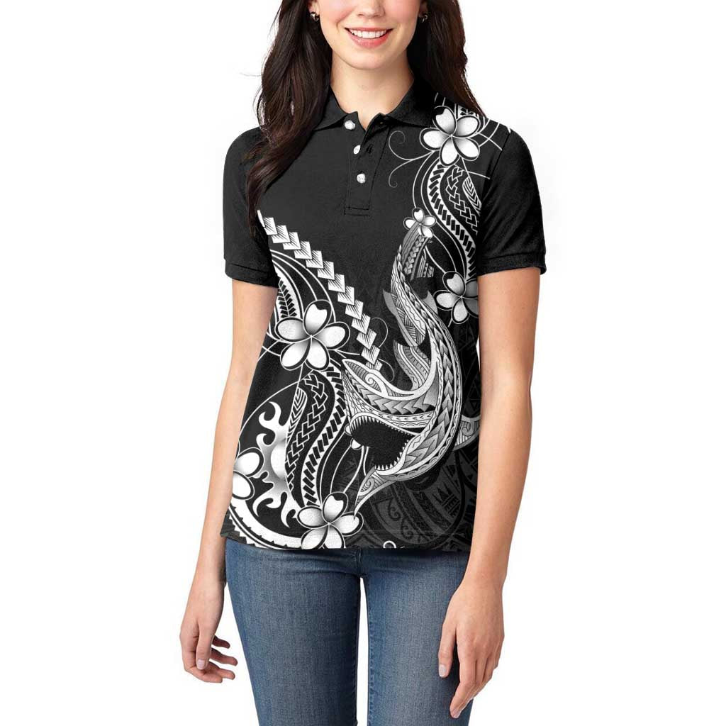 Black Aloha Hawaii Women Polo Shirt Polynesian Shark Tattoo With Plumeria - Polynesian Pride