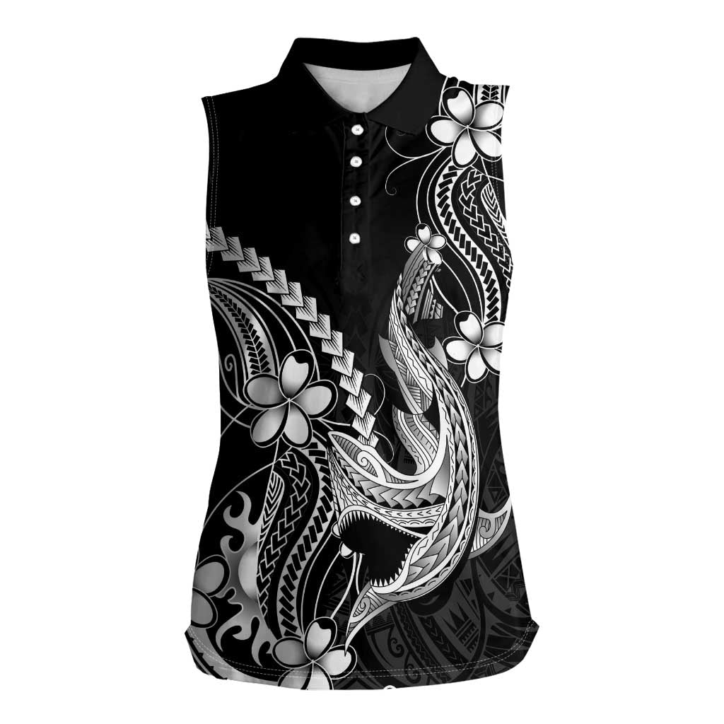 Black Aloha Hawaii Women Sleeveless Polo Shirt Polynesian Shark Tattoo With Plumeria - Polynesian Pride