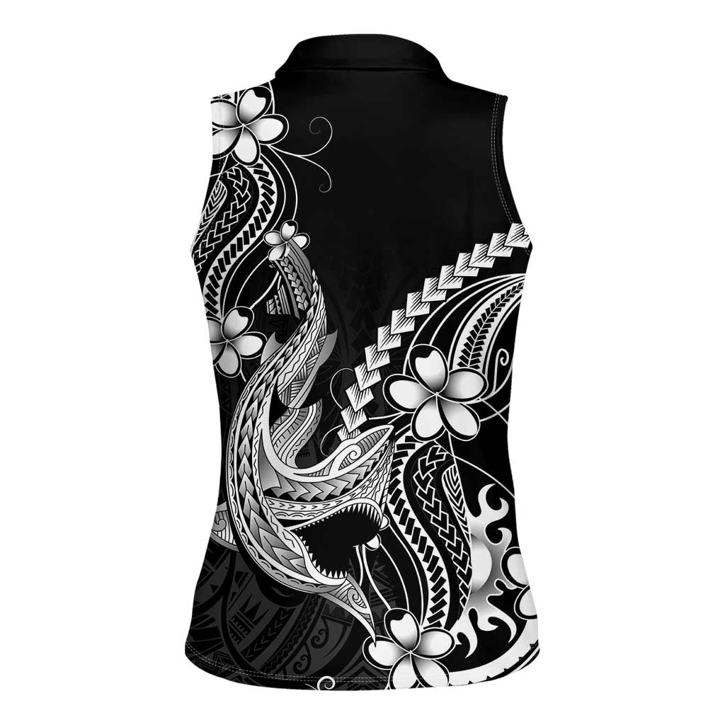 Black Aloha Hawaii Women Sleeveless Polo Shirt Polynesian Shark Tattoo With Plumeria - Polynesian Pride