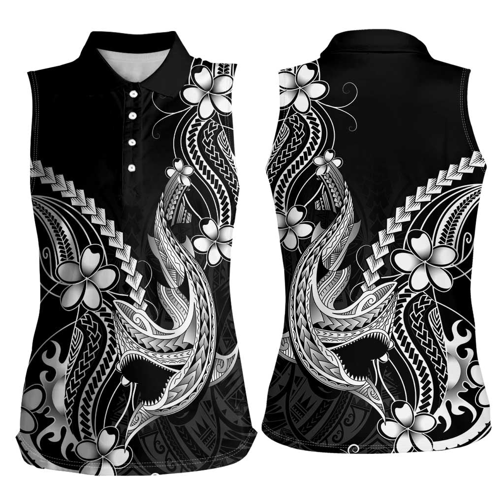 Black Aloha Hawaii Women Sleeveless Polo Shirt Polynesian Shark Tattoo With Plumeria - Polynesian Pride