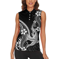 Black Aloha Hawaii Women Sleeveless Polo Shirt Polynesian Shark Tattoo With Plumeria - Polynesian Pride
