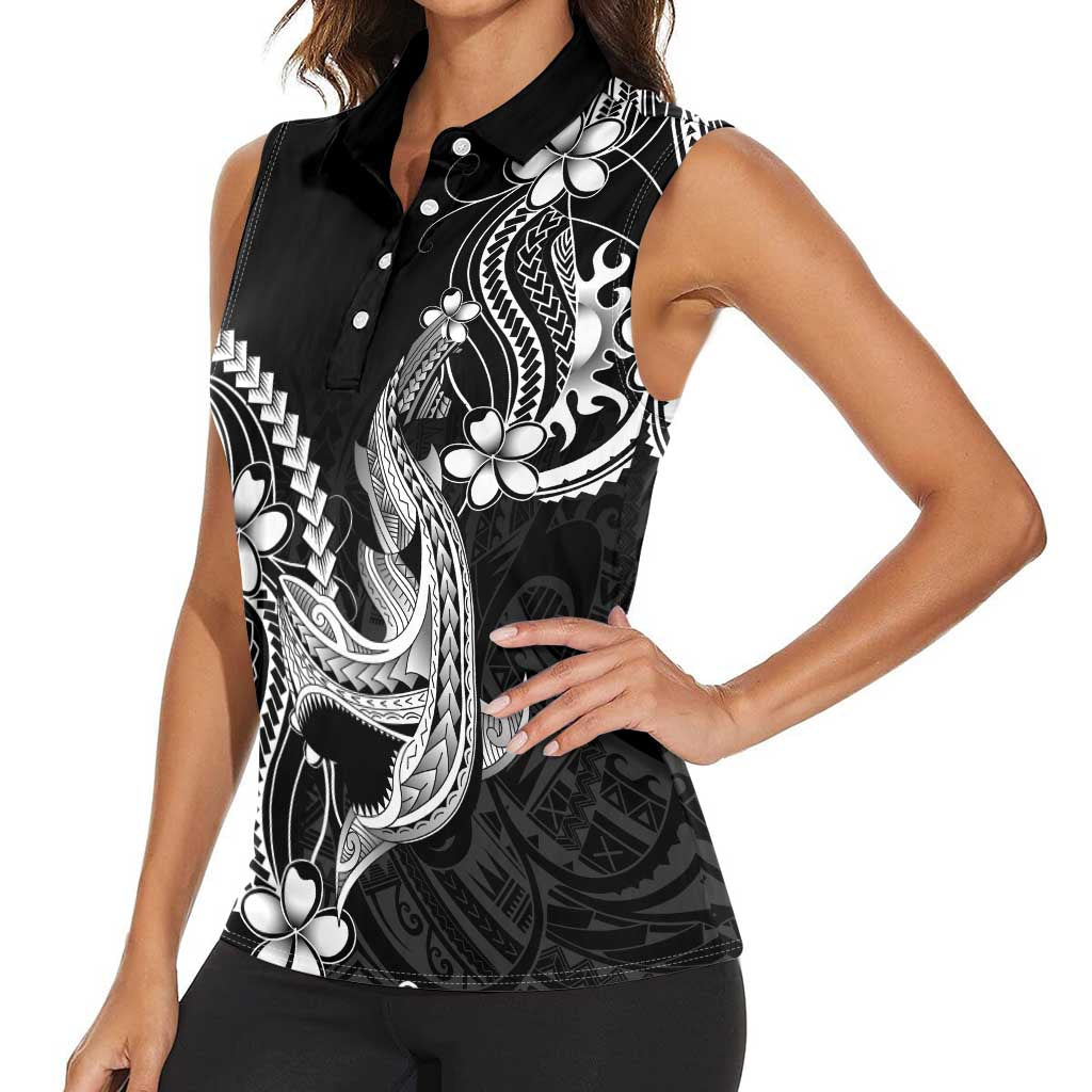 Black Aloha Hawaii Women Sleeveless Polo Shirt Polynesian Shark Tattoo With Plumeria - Polynesian Pride