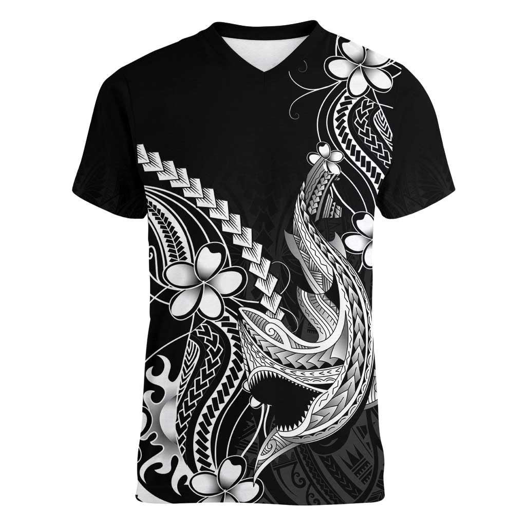 Black Aloha Hawaii Women V-Neck T-Shirt Polynesian Shark Tattoo With Plumeria - Polynesian Pride