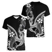 Black Aloha Hawaii Women V-Neck T-Shirt Polynesian Shark Tattoo With Plumeria - Polynesian Pride