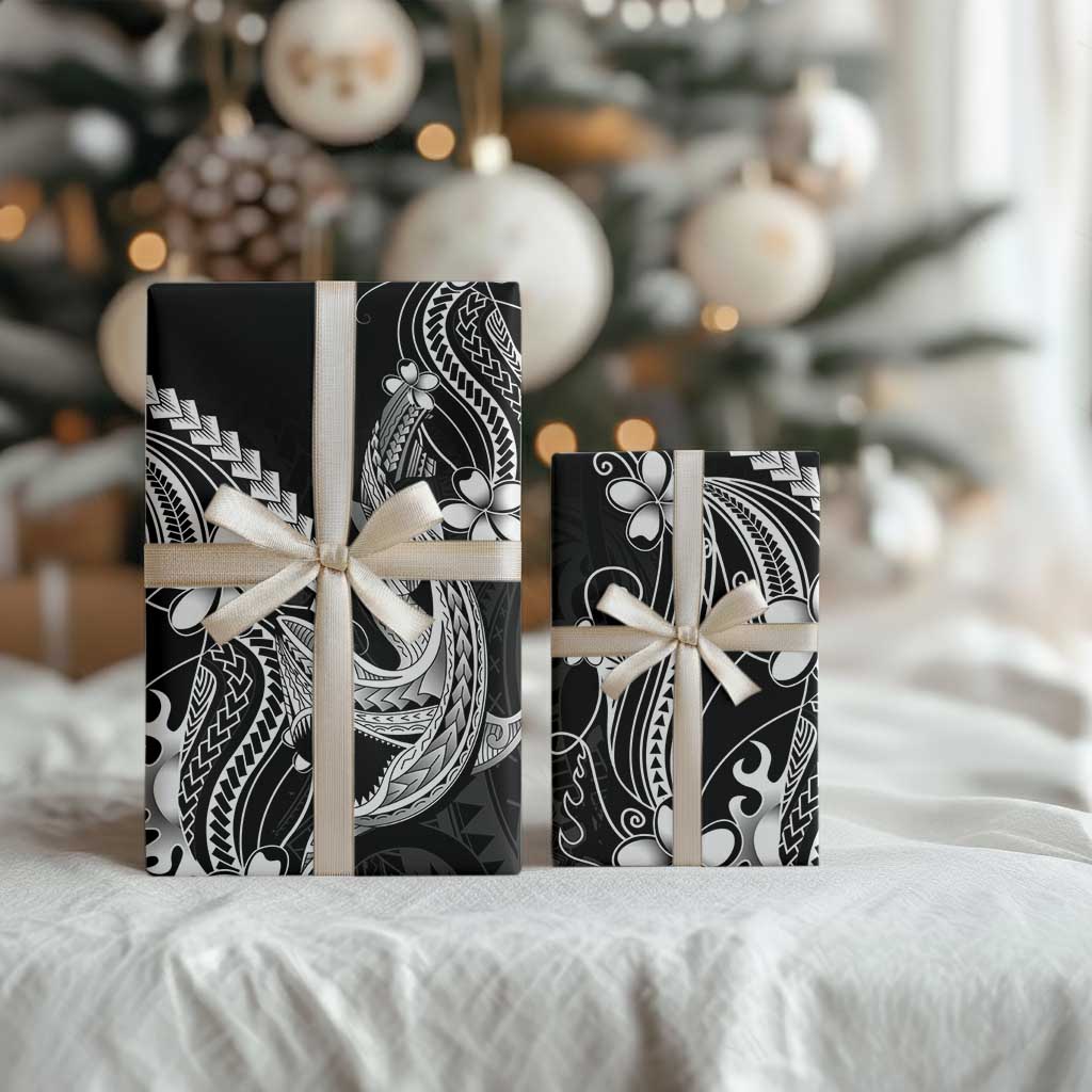 Black Aloha Hawaii Wrapping Paper Polynesian Shark Tattoo With Plumeria - Polynesian Pride