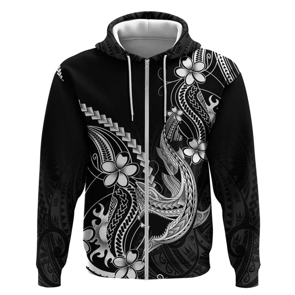 Black Aloha Hawaii Zip Hoodie Polynesian Shark Tattoo With Plumeria - Polynesian Pride