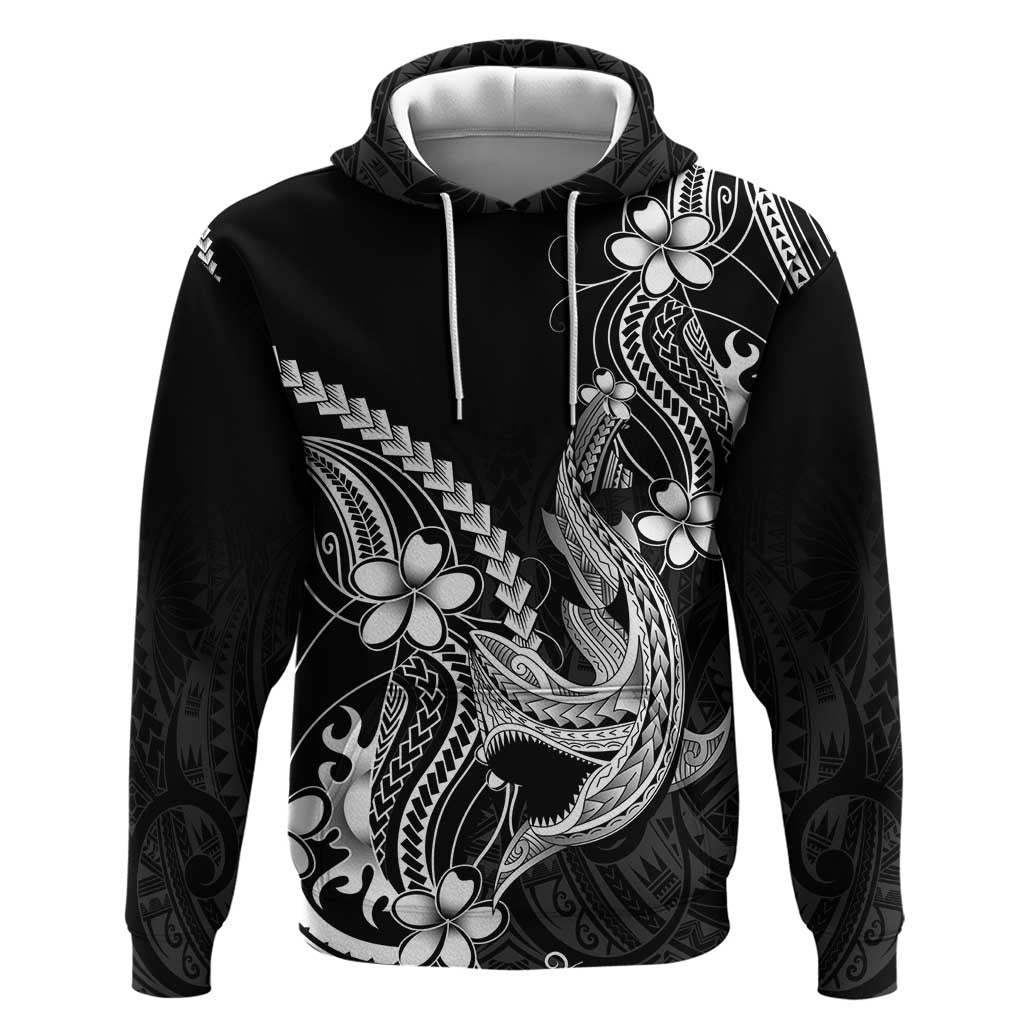 Black Aloha Hawaii Zip Hoodie Polynesian Shark Tattoo With Plumeria - Polynesian Pride