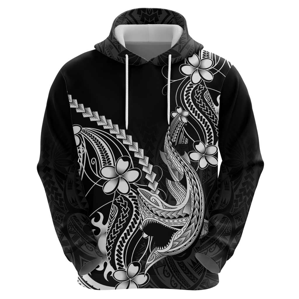 Black Aloha Hawaii Zip Hoodie Polynesian Shark Tattoo With Plumeria - Polynesian Pride