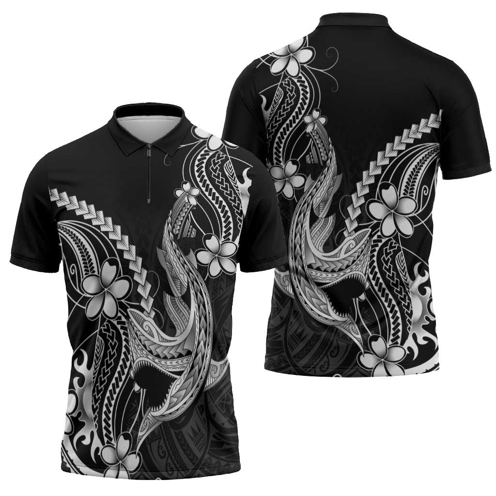 Black Aloha Hawaii Zipper Polo Shirt Polynesian Shark Tattoo With Plumeria - Polynesian Pride
