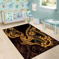 Gold Black Aloha Hawaii Area Rug Polynesian Shark Tattoo With Plumeria - Polynesian Pride