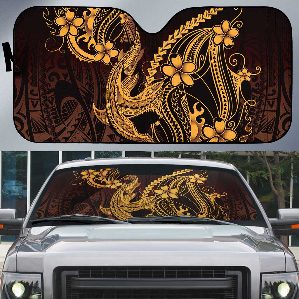 Gold Black Aloha Hawaii Auto Sun Shade Polynesian Shark Tattoo With Plumeria - Polynesian Pride