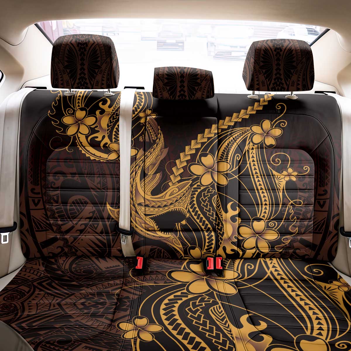Gold Black Aloha Hawaii Back Car Seat Cover Polynesian Shark Tattoo With Plumeria - Polynesian Pride