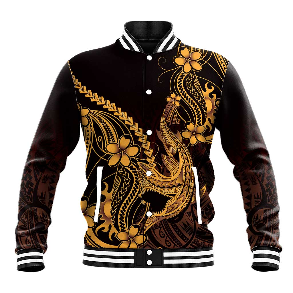 Gold Black Aloha Hawaii Baseball Jacket Polynesian Shark Tattoo With Plumeria - Polynesian Pride