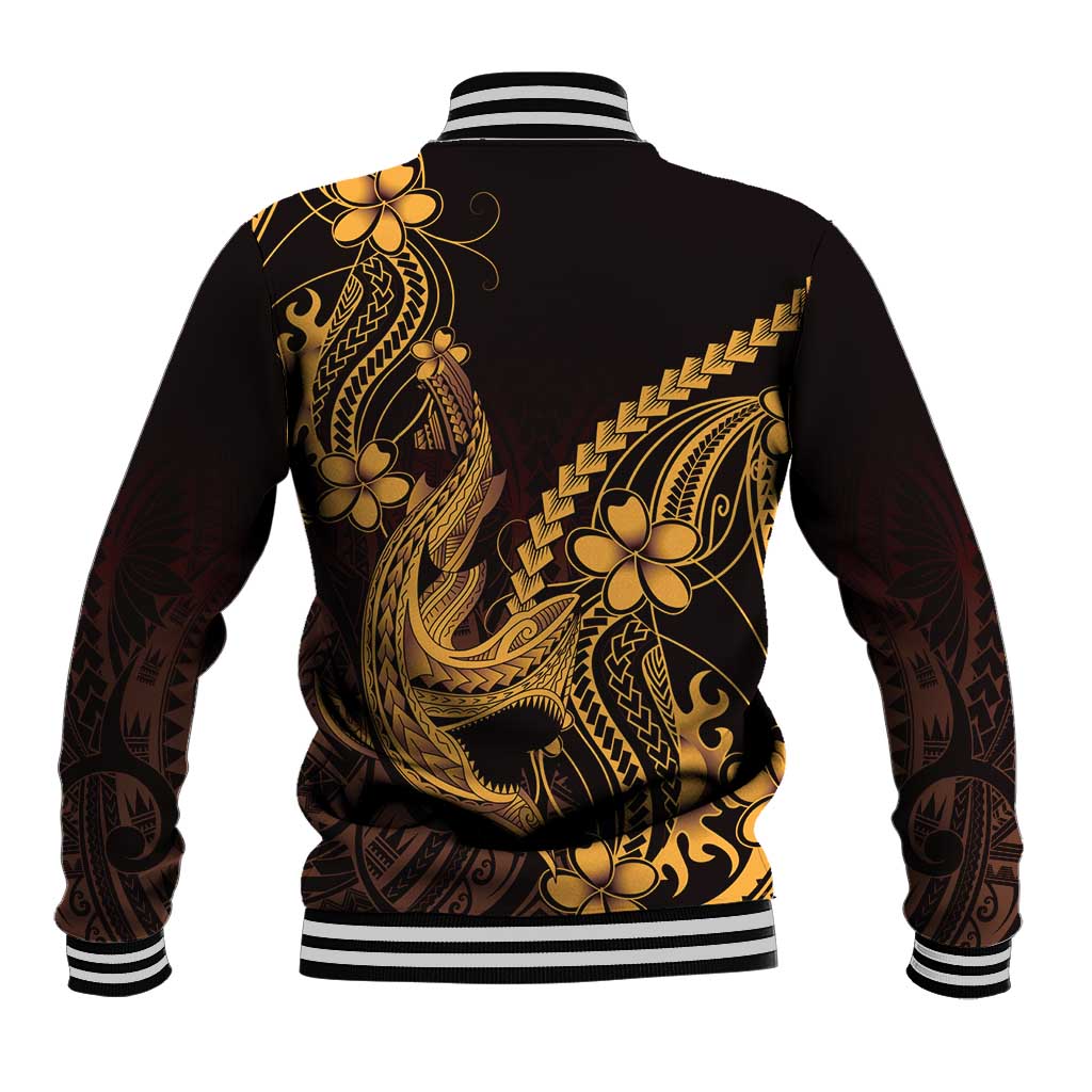 Gold Black Aloha Hawaii Baseball Jacket Polynesian Shark Tattoo With Plumeria - Polynesian Pride